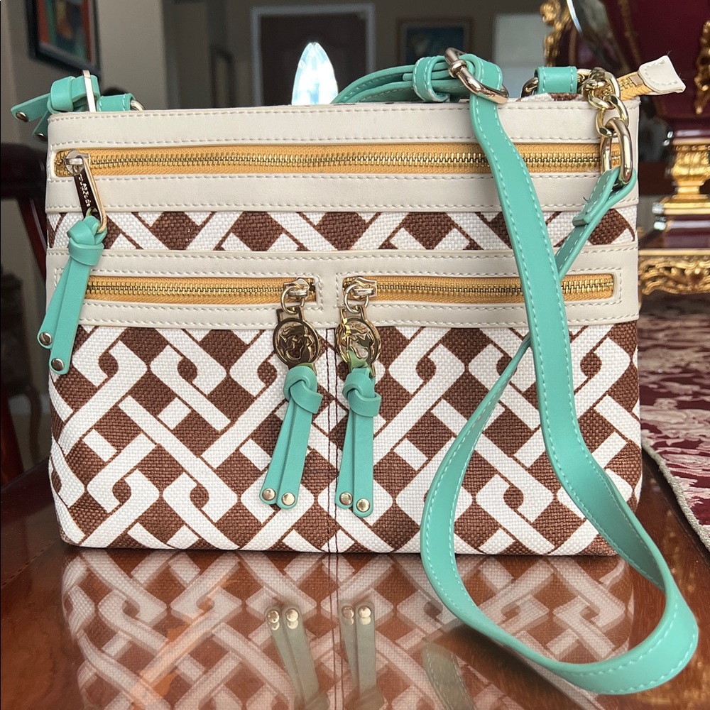 Spartina 449 Brown and Cream Crossbody Bag with Aqua Accents and gold hardware